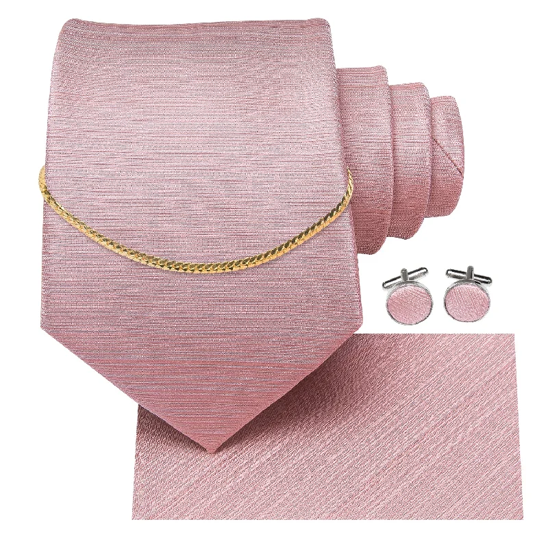 Hi-Tie Baby Pink Solid Tie Pocket Square Cufflinks Set Golden Chain