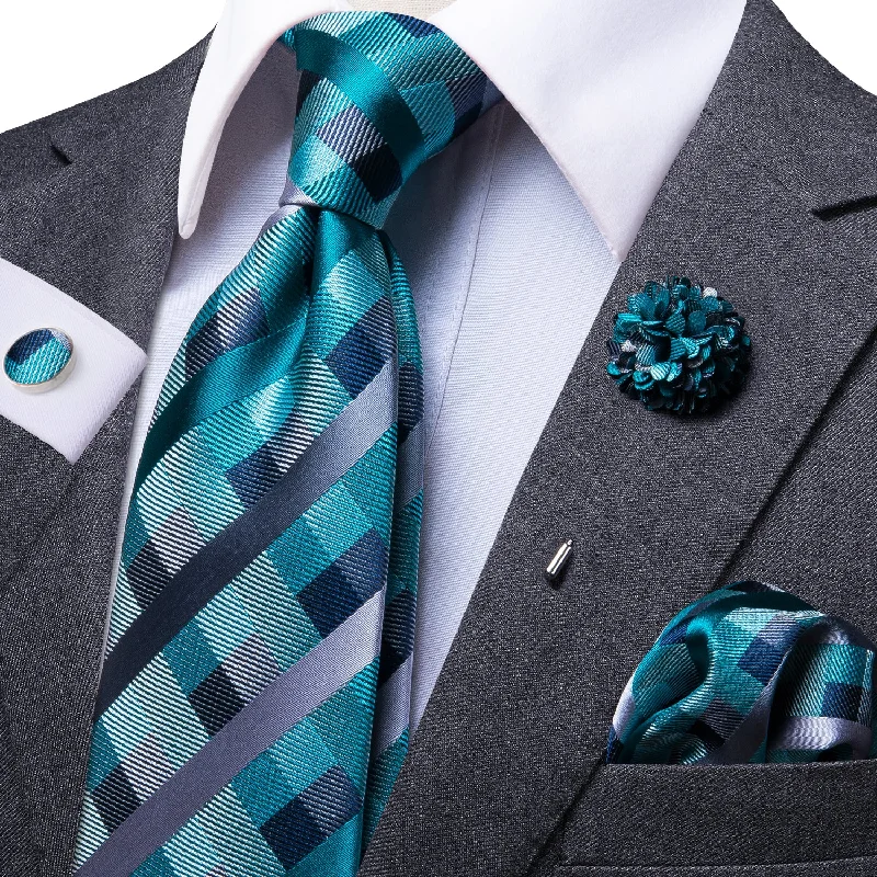 Hi-Tie Mens Blue Plaid Necktie Pocket Square Cufflinks Set with Brooch