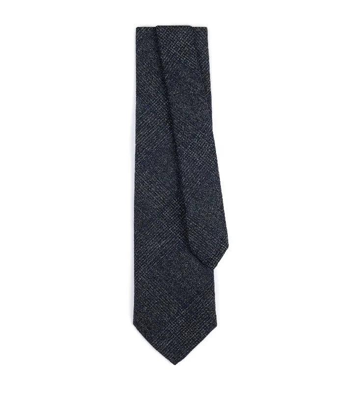 Bigi Wool Silk Linen Checked Tie: Charcoal