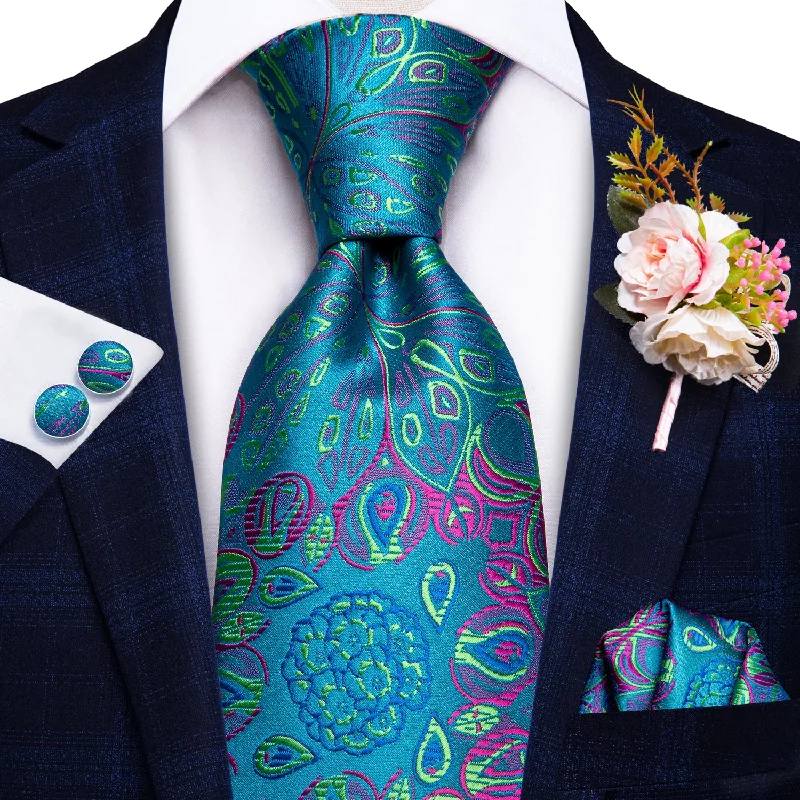 Hi-Tie Blue Green Floral Tie Handkerchief Cufflinks Set with Brooch