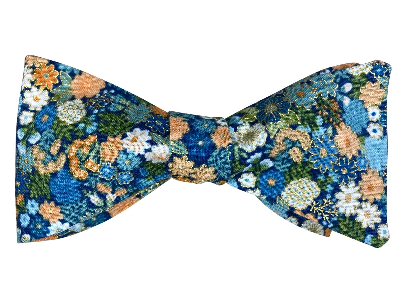 Blue Peach & Gold Floral Bow Tie