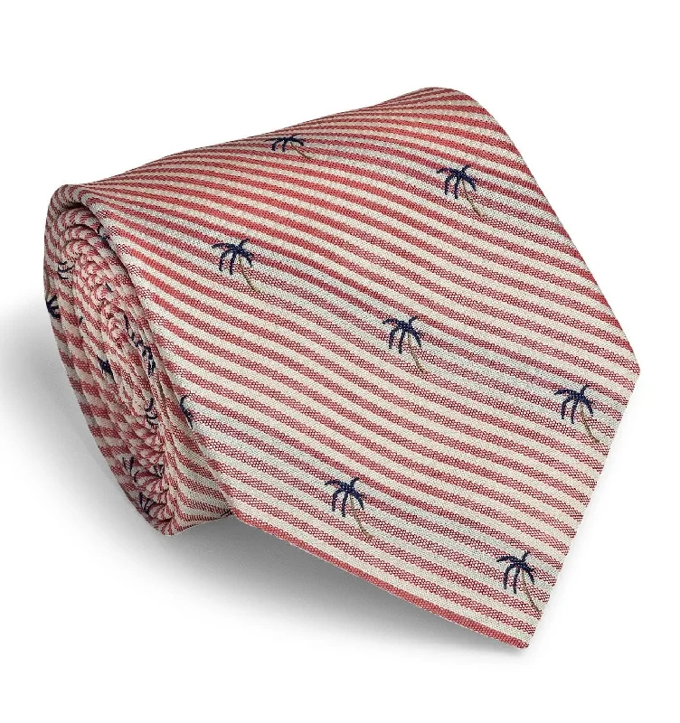 Palm Seersucker: Tie - Coral/White