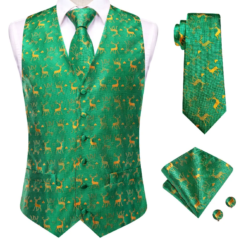 Christmas Green Gold Deer Men's Vest Hanky Cufflinks Tie Set