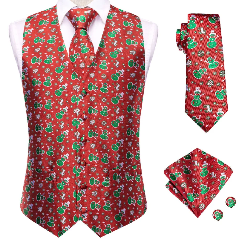 Christmas Red Green Snowmen Men's Vest Hanky Cufflinks Tie Set