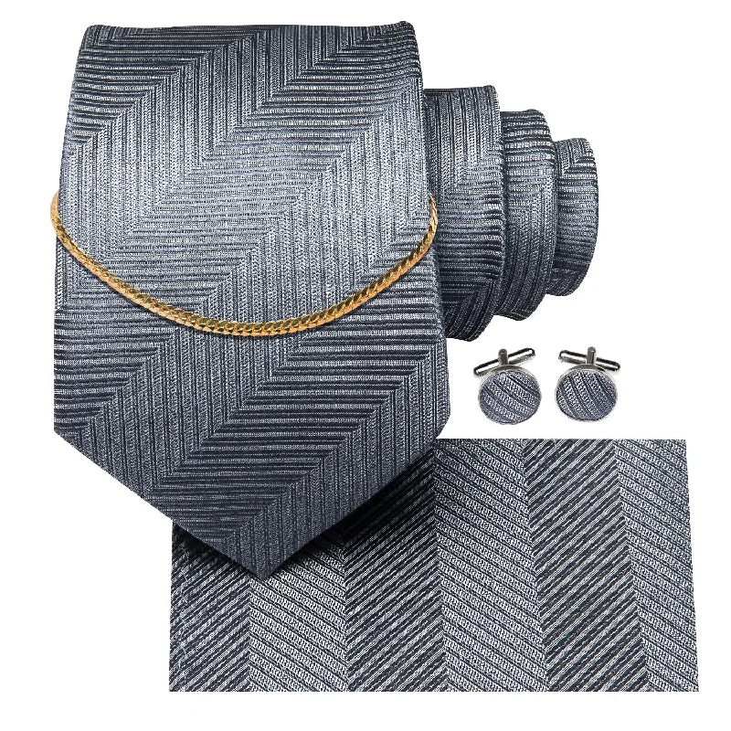 Hi-Tie Essential Grey Necktie Pocket Square Cufflinks Set Golden Chain