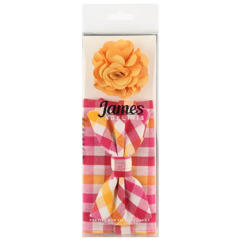 JA2666P-3 JAMES ADELIN Pocket Square, Flower and Bow Tie Combo in Magenta, Gold and White Check