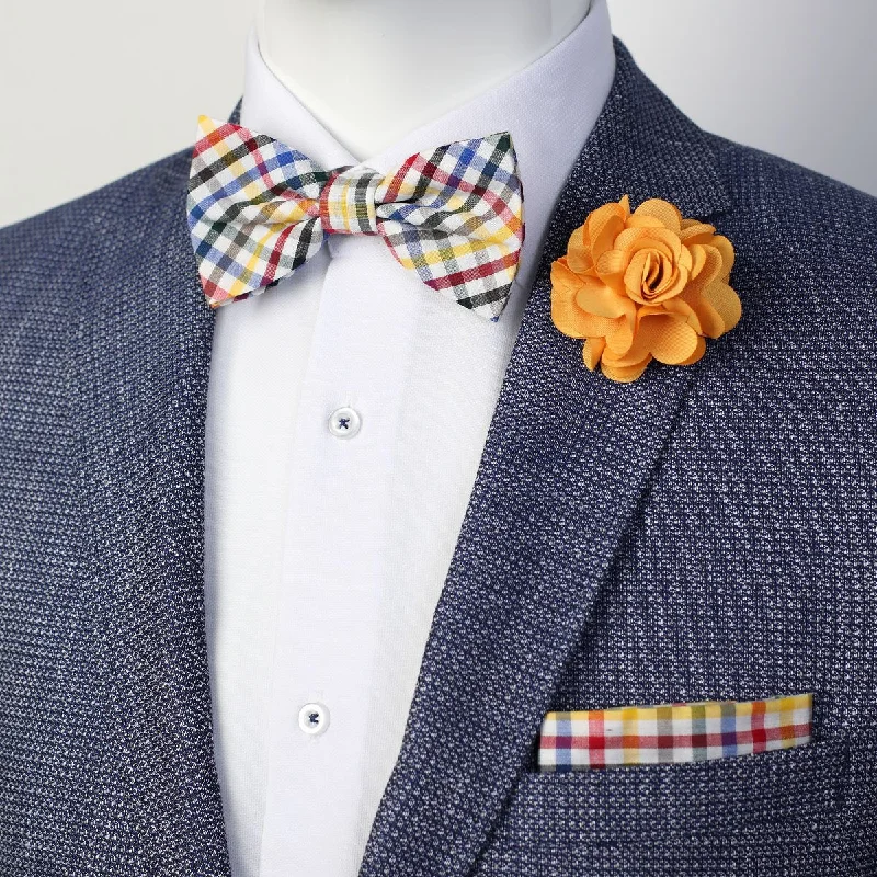 JA2666P-40-15 JAMES ADELIN Pocket Square, Flower and Bow Tie Combo in Multicolour Mini Check