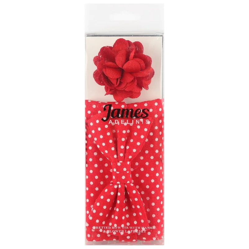 JA73P-7 JAMES ADELIN Pocket Square, Flower and Bow Tie Combo in Red and White Polka Dot