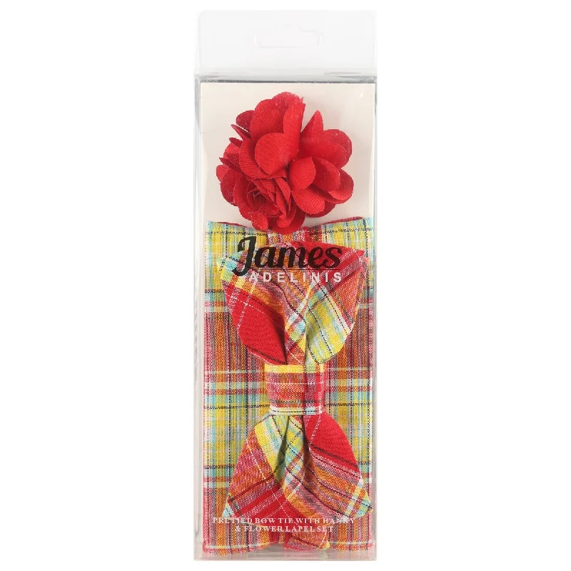 JA128P-2 JAMES ADELIN Pocket Square, Flower and Bow Tie Combo in Red Check