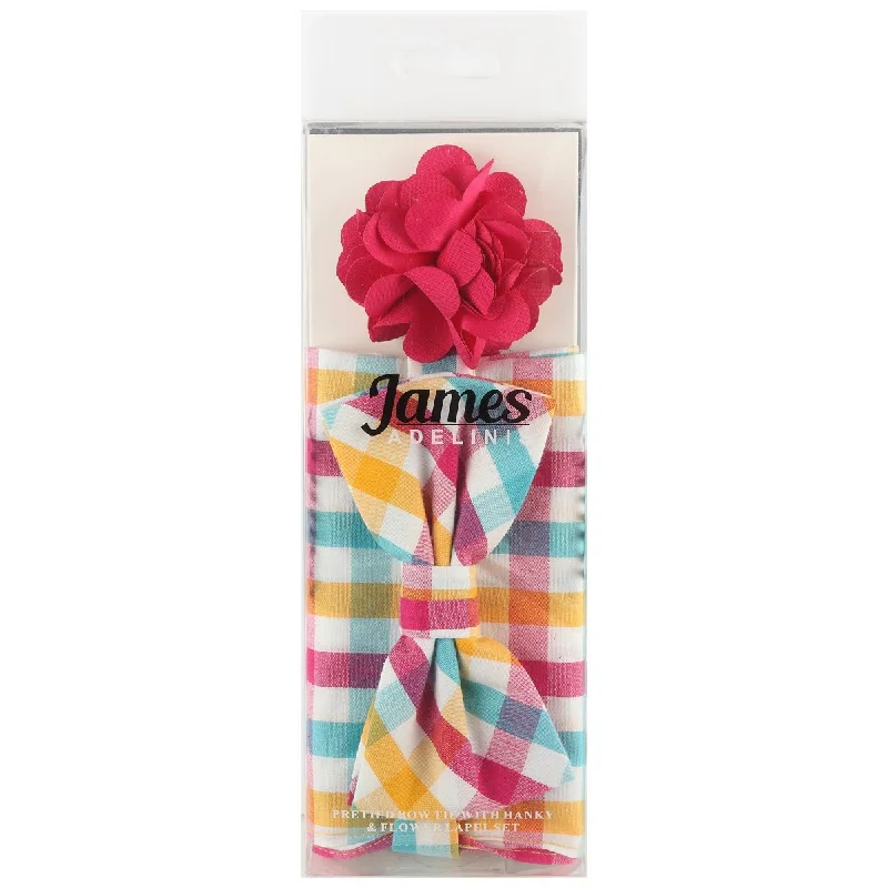 JA2666P-40-1 JAMES ADELIN Pocket Square, Flower and Bow Tie Combo in Turquoise Check