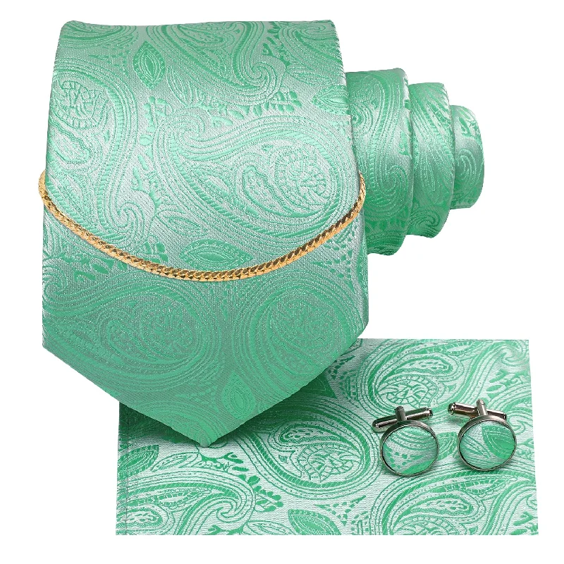 Hi-Tie Light Green Paisley Tie Hanky Cufflinks Set With Golden Chain