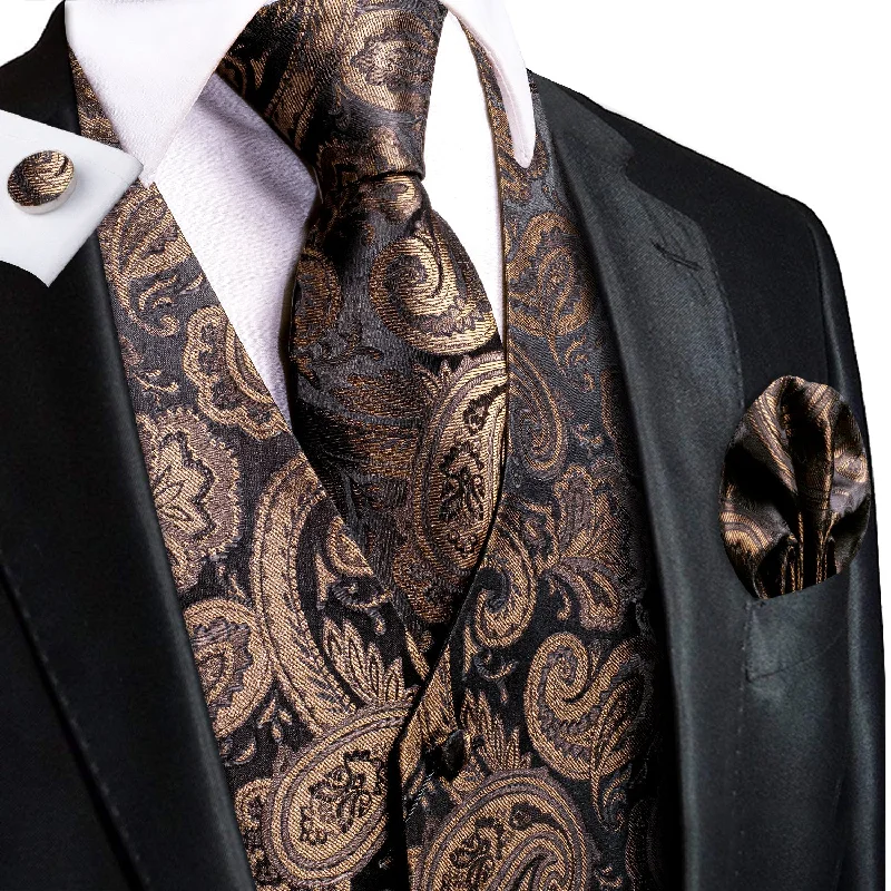 Luxury Brown Black Paisley Silk Men's Vest Hanky Cufflinks Tie Set Waistcoat Suit Set