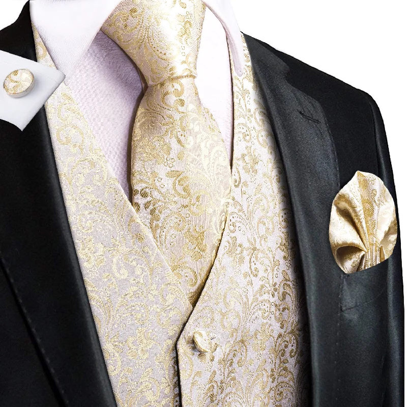 Luxury Champagne Floral Silk Men's Vest Hanky Cufflinks Tie Set Waistcoat Suit Set