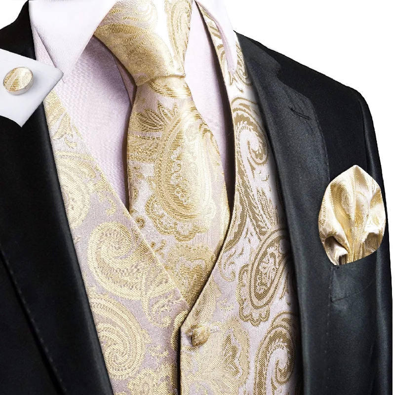 Luxury Champagne White Silk Men's Vest Hanky Cufflinks Tie Set Waistcoat Suit Set