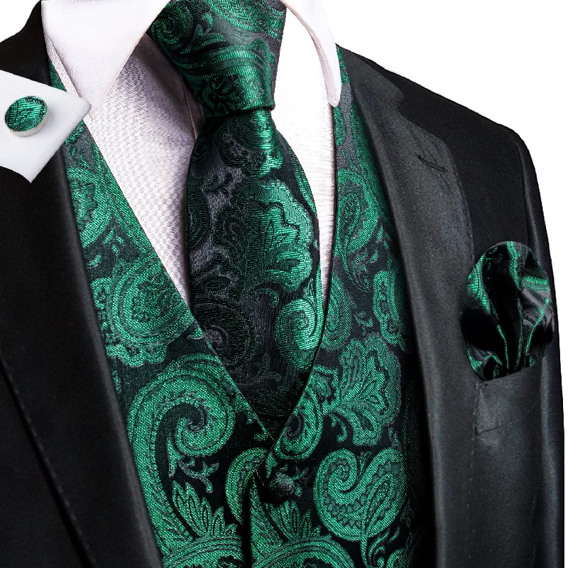 Luxury Emerald Green Paisley Silk Men's Vest Hanky Cufflinks Tie Set Waistcoat Suit Set