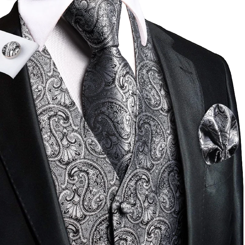 Luxury Grey Black Paisley Silk Men's Vest Hanky Cufflinks Tie Set Waistcoat Suit Set