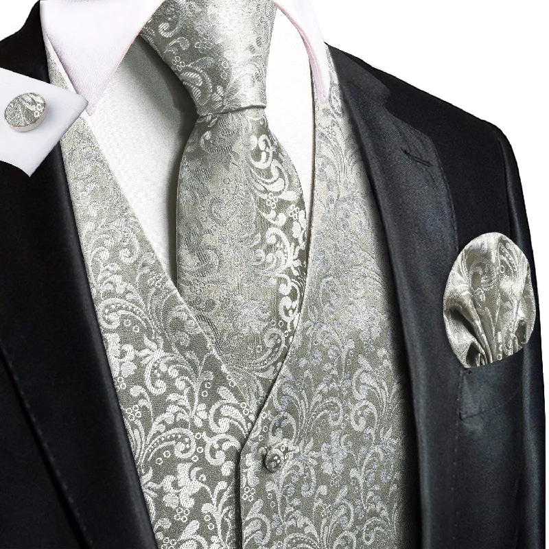 Luxury Grey Sliver Floral Silk Men's Vest Hanky Cufflinks Tie Set Waistcoat Suit Set