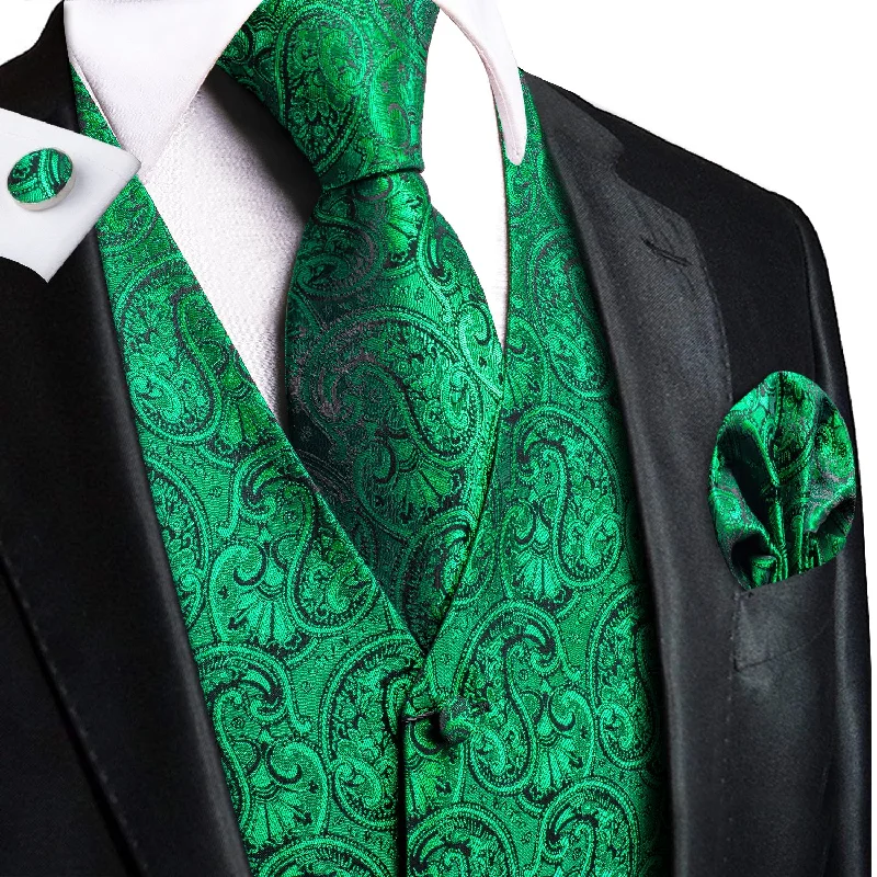 Luxury Leaves Green Paisley Silk Men's Vest Hanky Cufflinks Tie Set Waistcoat Suit Set