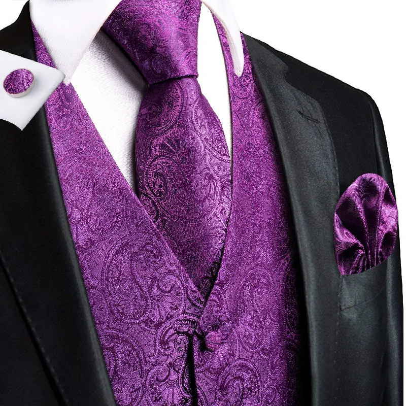 Luxury Purple Paisley Silk Men's Vest Hanky Cufflinks Tie Set Waistcoat Suit Set