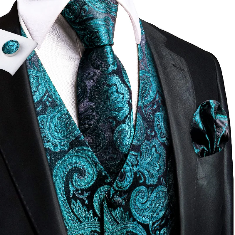 Luxury Teal Blue Paisley Silk Men's Vest Hanky Cufflinks Tie Set Waistcoat Suit Set