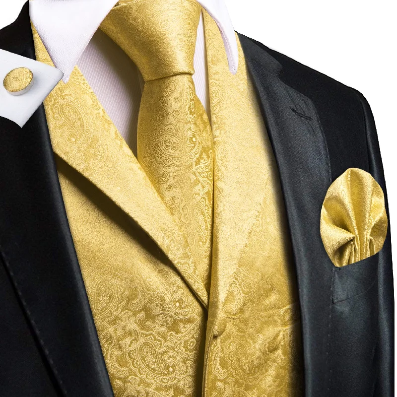 Luxury Yellow Floral Silk Men's Collar Vest Hanky Cufflinks Tie Set Waistcoat Suit Set