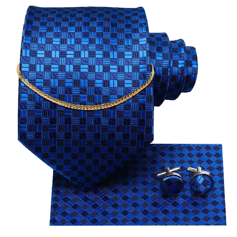 Navy Blue Checked Tie Pocket Square Cufflinks Set With Golden Chain