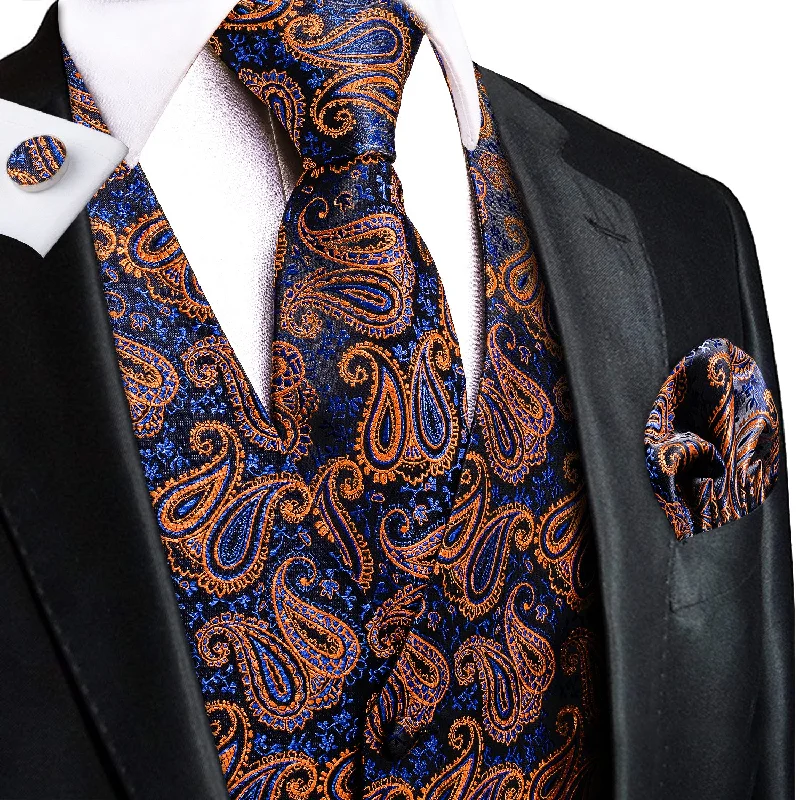 Orange Blue Paisley Silk Men's Vest Hanky Cufflinks Tie Set Waistcoat Suit Set