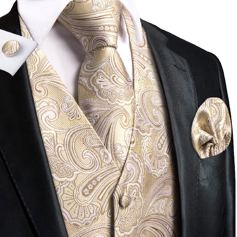 Hi-Tie Wheat Paisley Silk Men's Vest Hanky Cufflinks Tie Set Waistcoat Suit Set