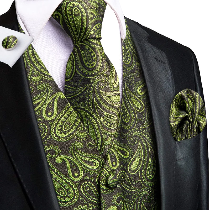 Olive Green Paisley Men's Vest Hanky Cufflinks Tie Set