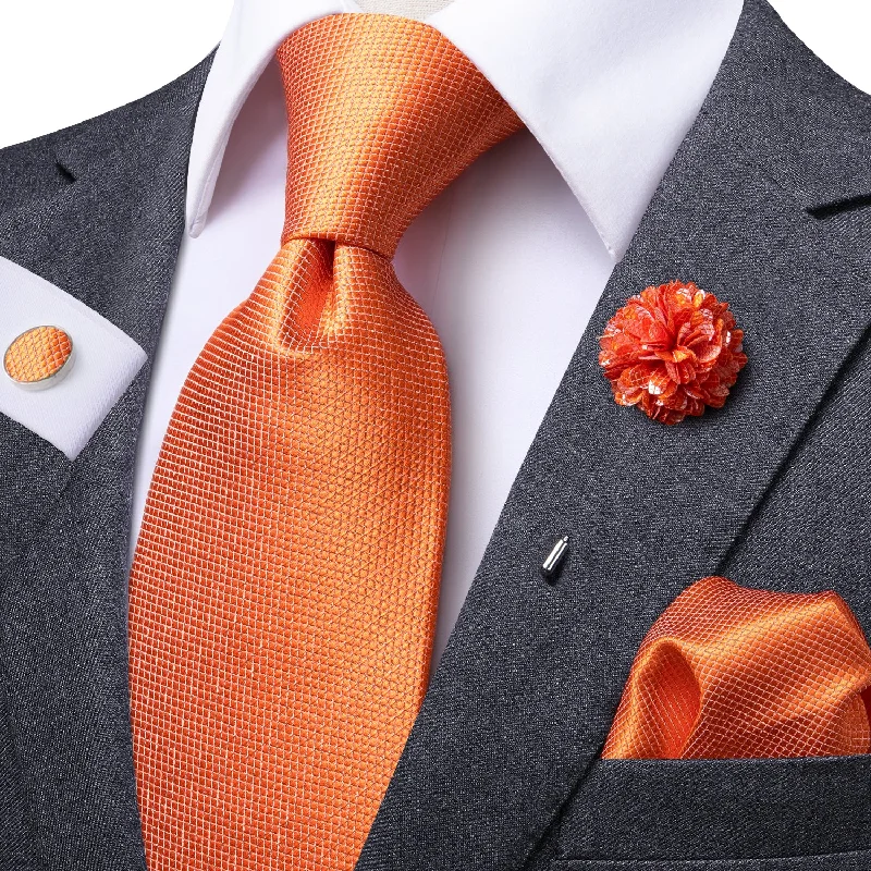 Orange Solid Tie Pocket Square Cufflinks Set with Brooch