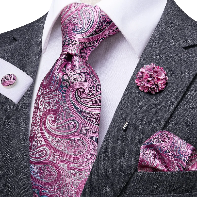 Hi-Tie Men's Pink Paisley Tie Pocket Square Cufflinks Set with Brooch