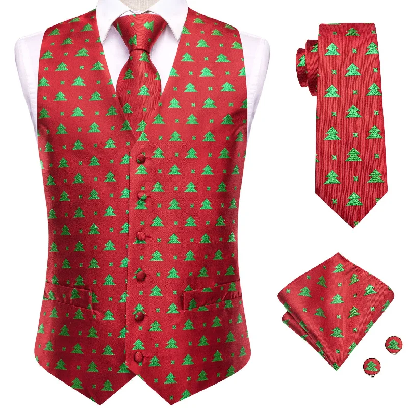 Red Green Christmas Tree Men's Vest Hanky Cufflinks Tie Set