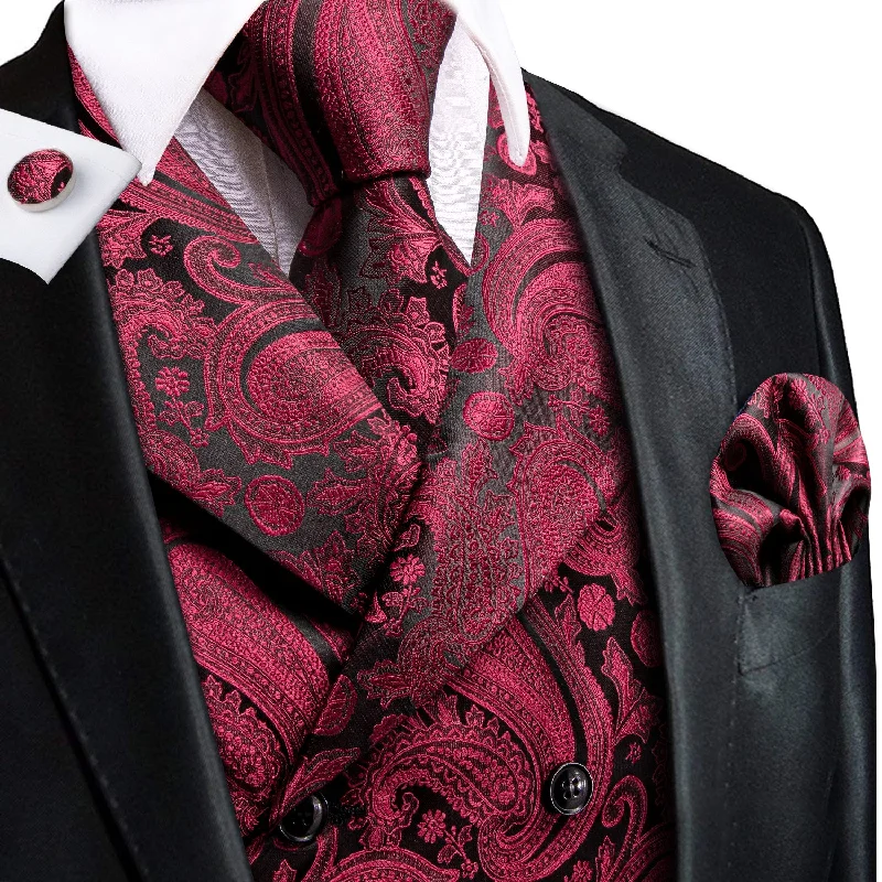 Red Paisley Men's Collar Vest Hanky Cufflinks Tie Set