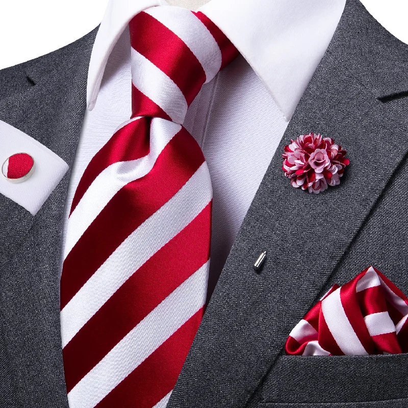 Hi-Tie Red White Striped Tie Pocket Square Cufflinks Set with Brooch