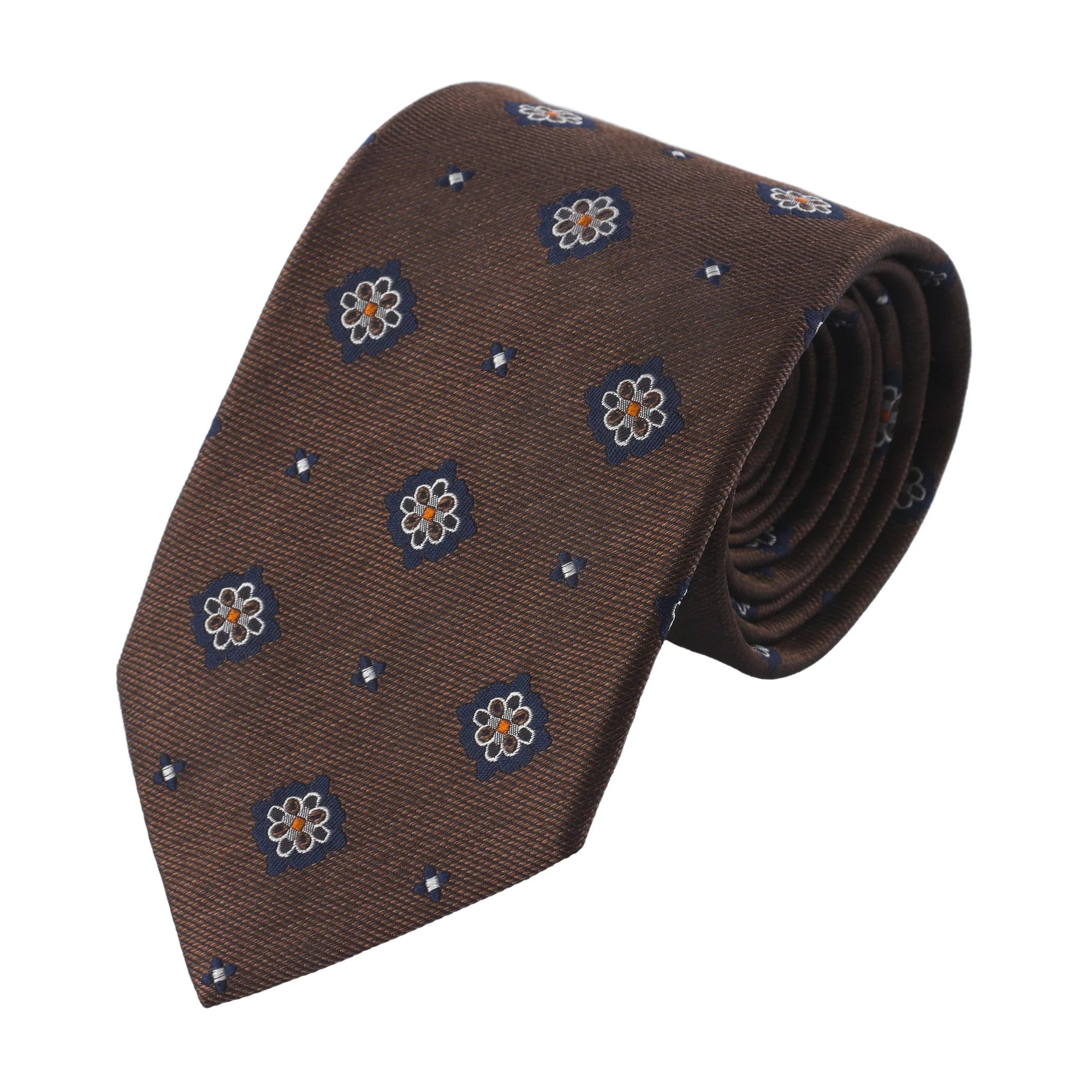 Flower-Embroidered Woven Silk Tie in Brown