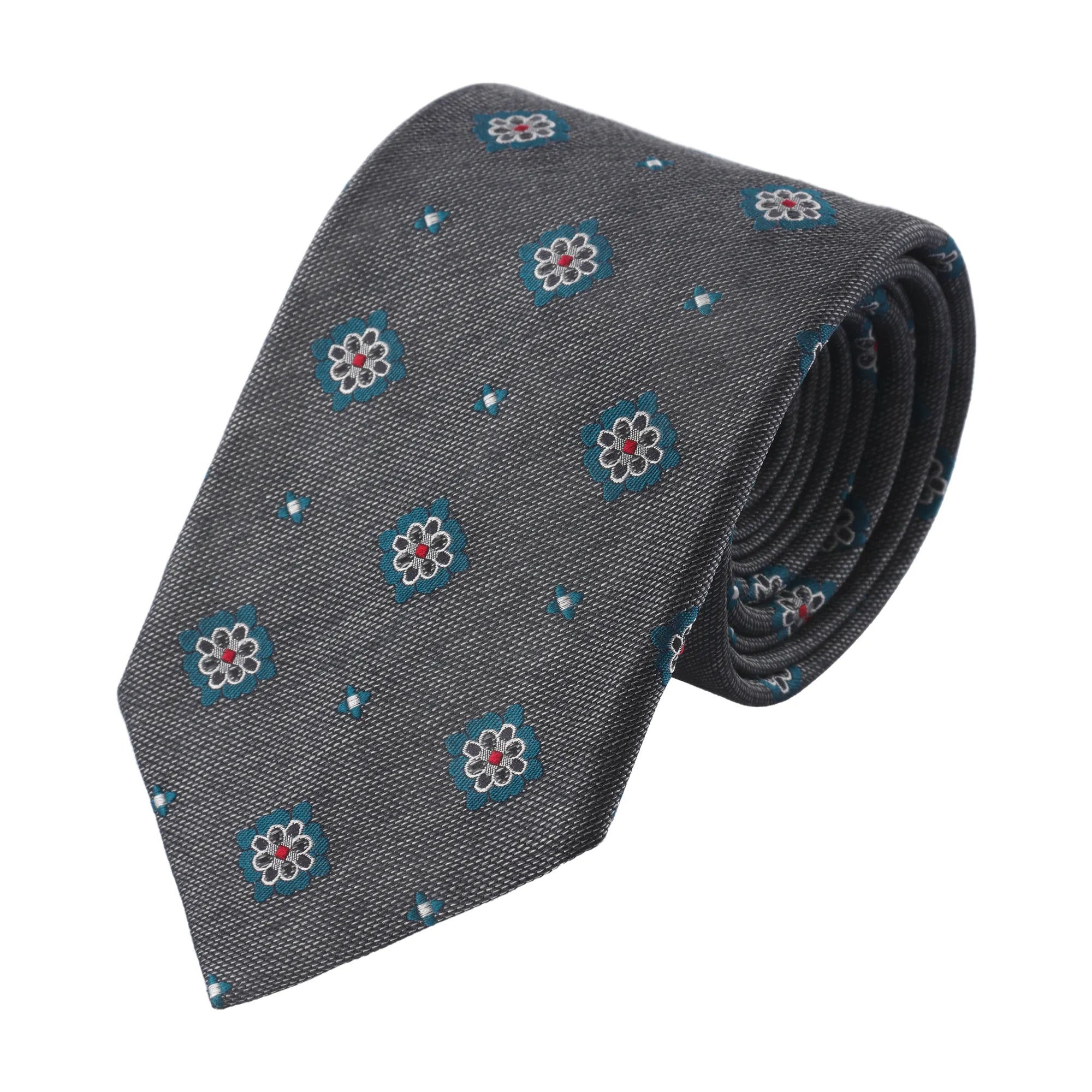 Flower-Embroidered Woven Silk Tie in Grey