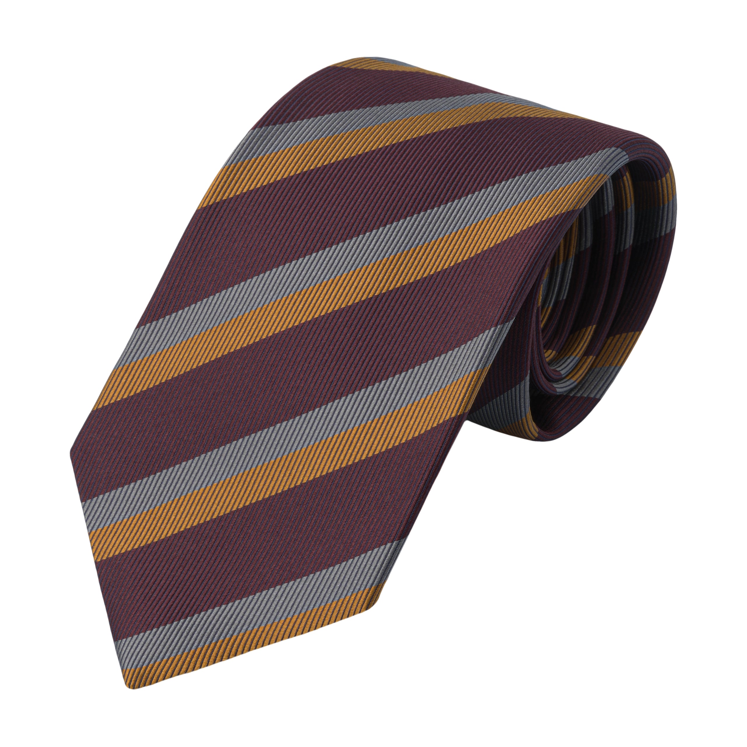 Regimental Silk Self-Tipped Tie in Purple, Yellow and Grey