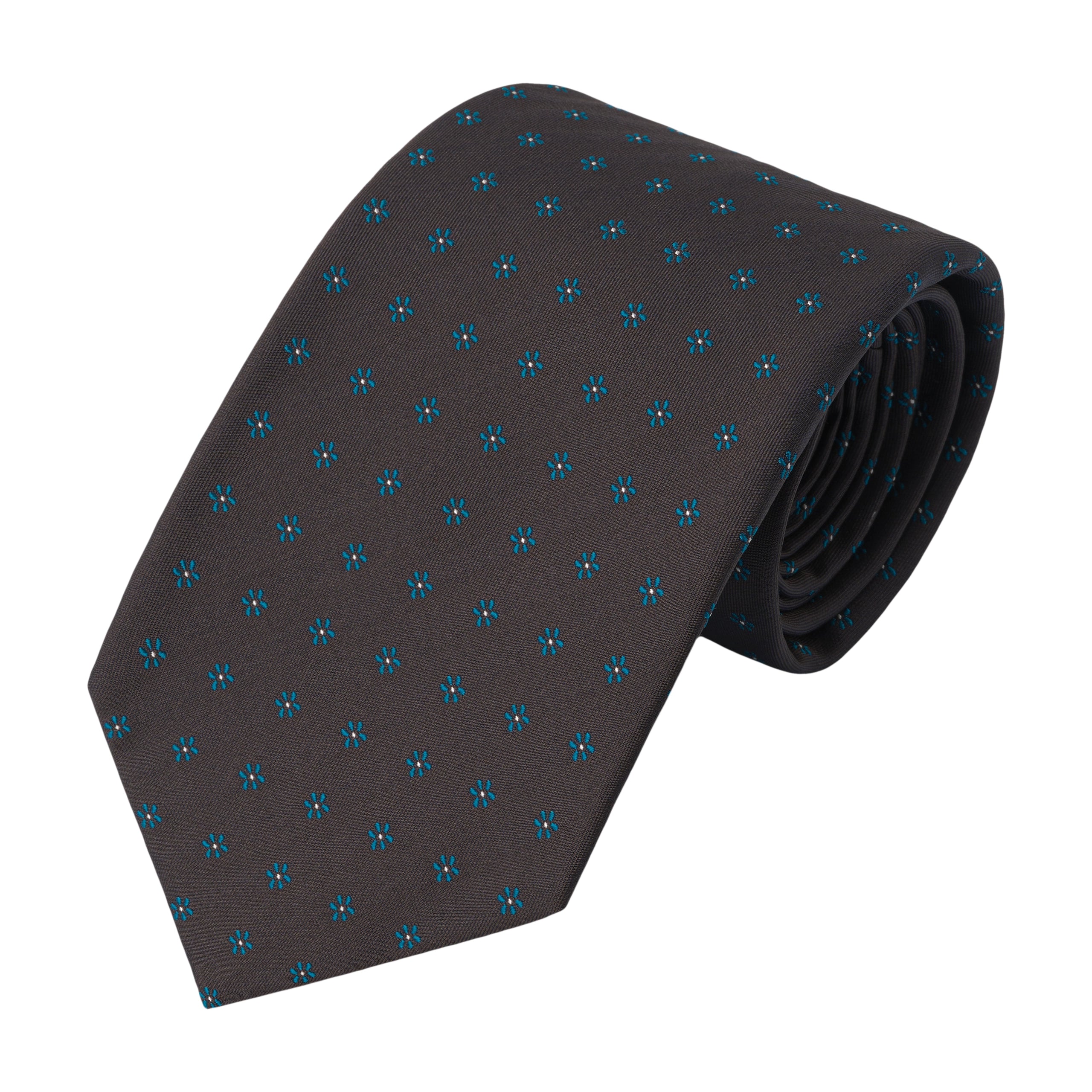 Embroidered Silk Tie in Indigo Blue with Flower Pattern