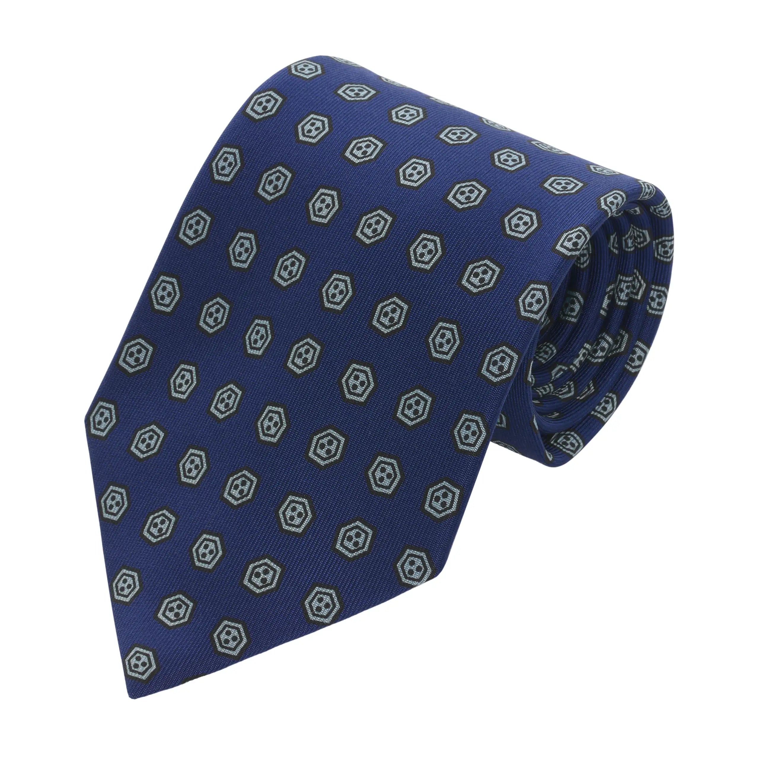 Hand-Printed Silk Navy Blue Tie