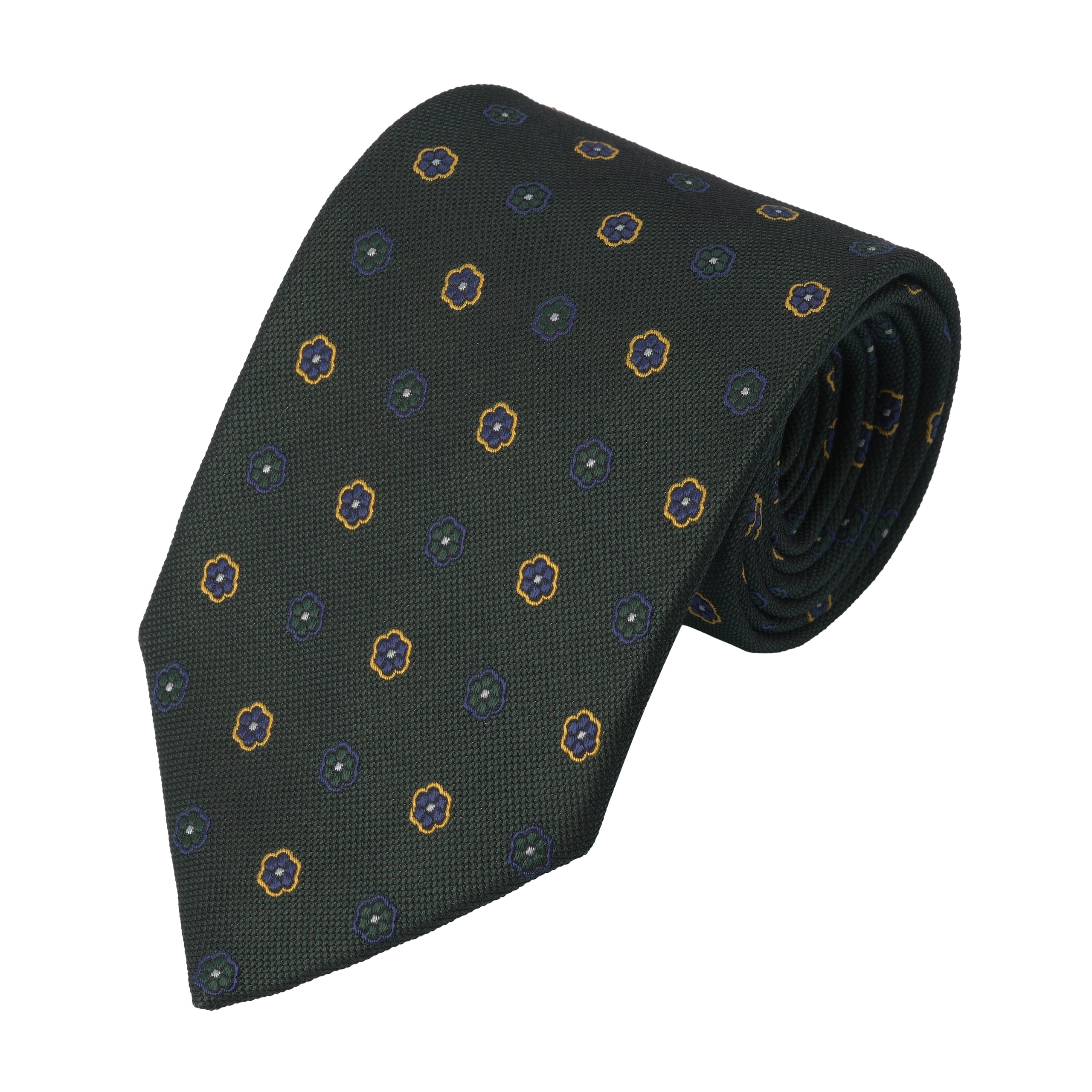 Flower Embroidered Silk Tie in Dark Green