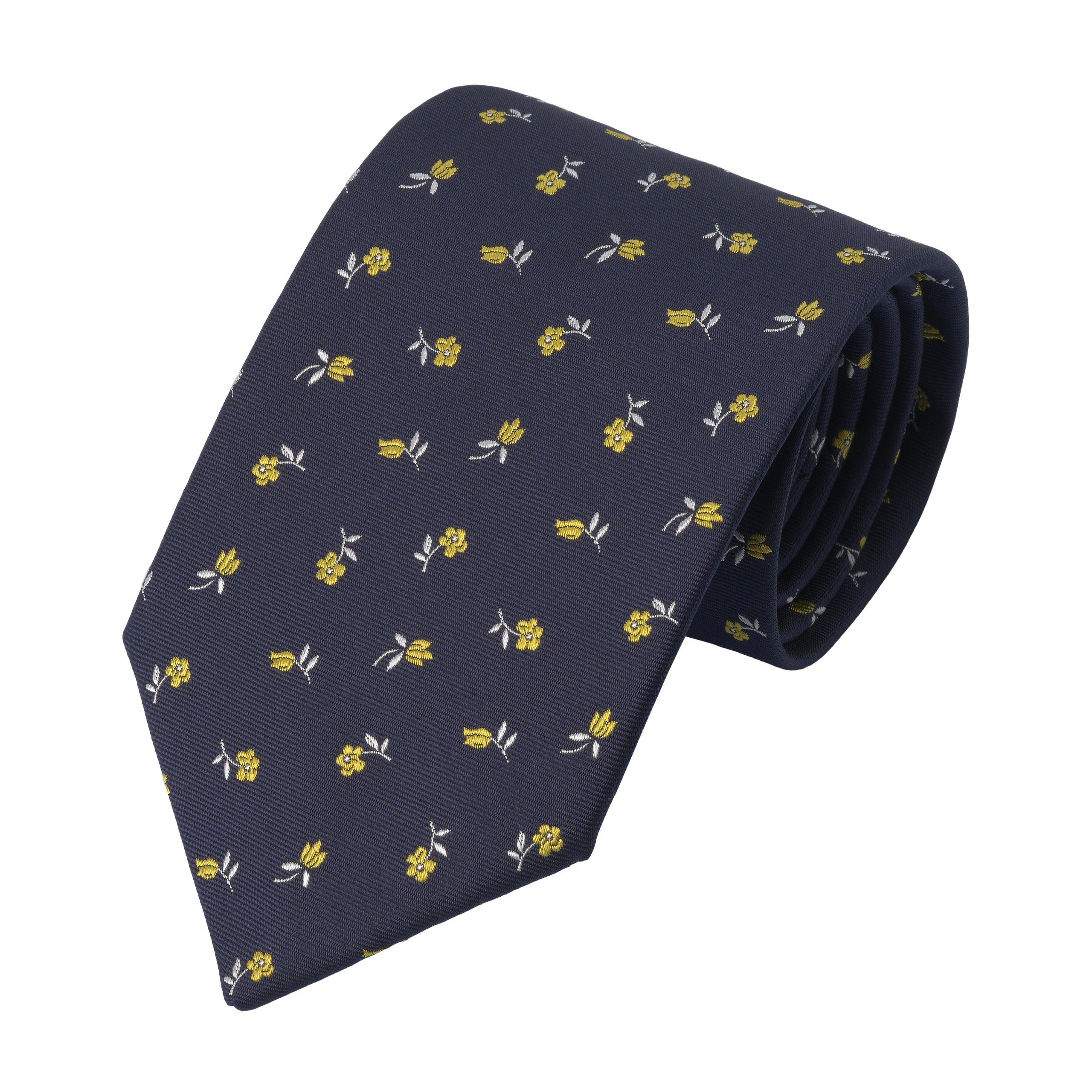 Flower Embroidered Silk Tie in Dark Blue