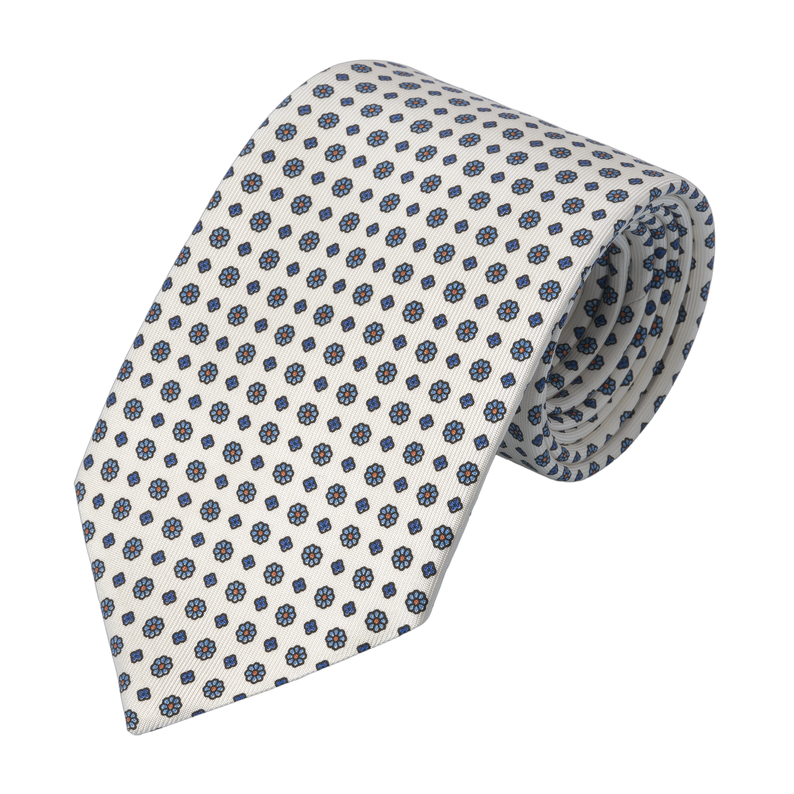 Blue Flower Printed Silk Tie in White