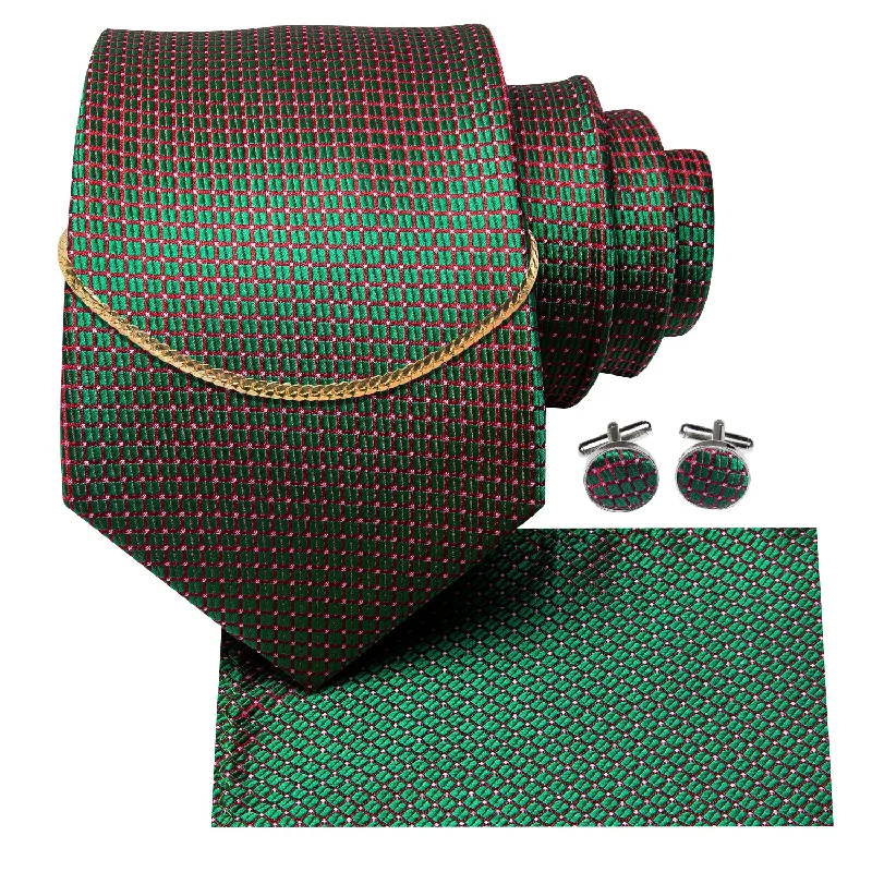 Hi-Tie Green Plaid Tie Pocket Square Cufflinks Set With Golden Chain