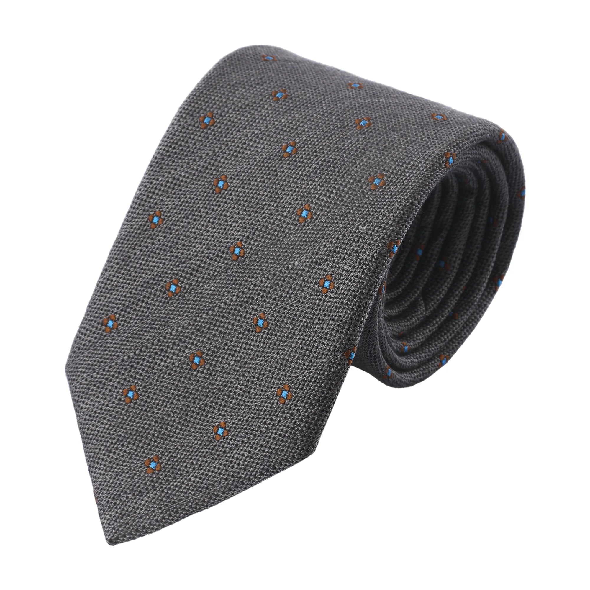 Flower-Embroidered Silk and Wool Tie in Grey