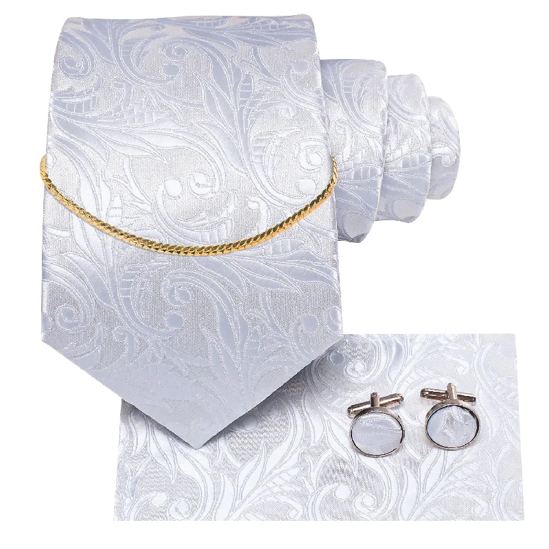 Hi-Tie White Floral Tie Pocket Square Cufflinks Set With Golden Chain