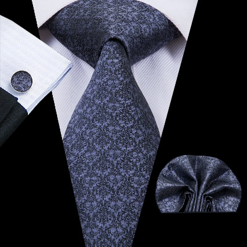 Unique Grey Floral Ties Handkerchief Cufflinks Set