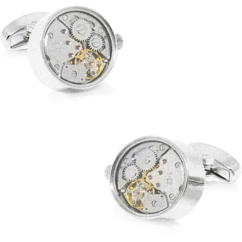 Working Watch Movement Steampunk Cufflinks Silver