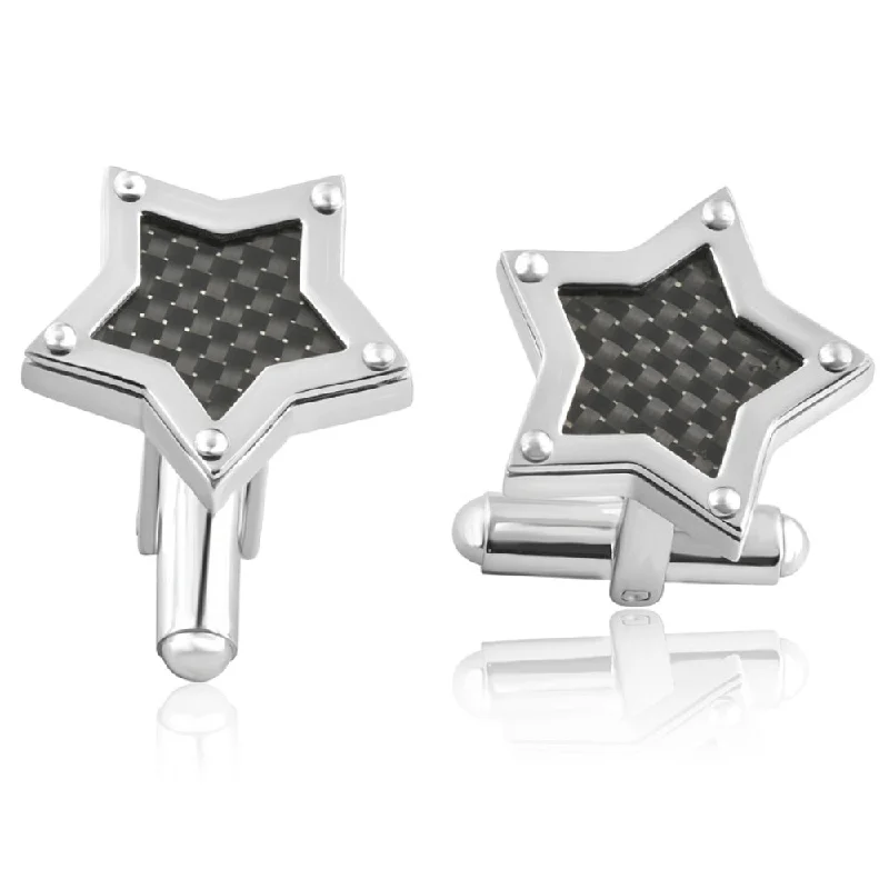 Men's Stainless Steel And Black Carbon Fiber Star Polished Cufflink 18.5mm